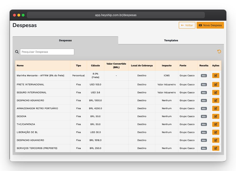 Gestão de despesas de importação — Heyship