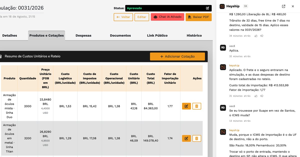 Painel de IA da Heyship editando a simulação de importação enquanto responde sobre ICMS