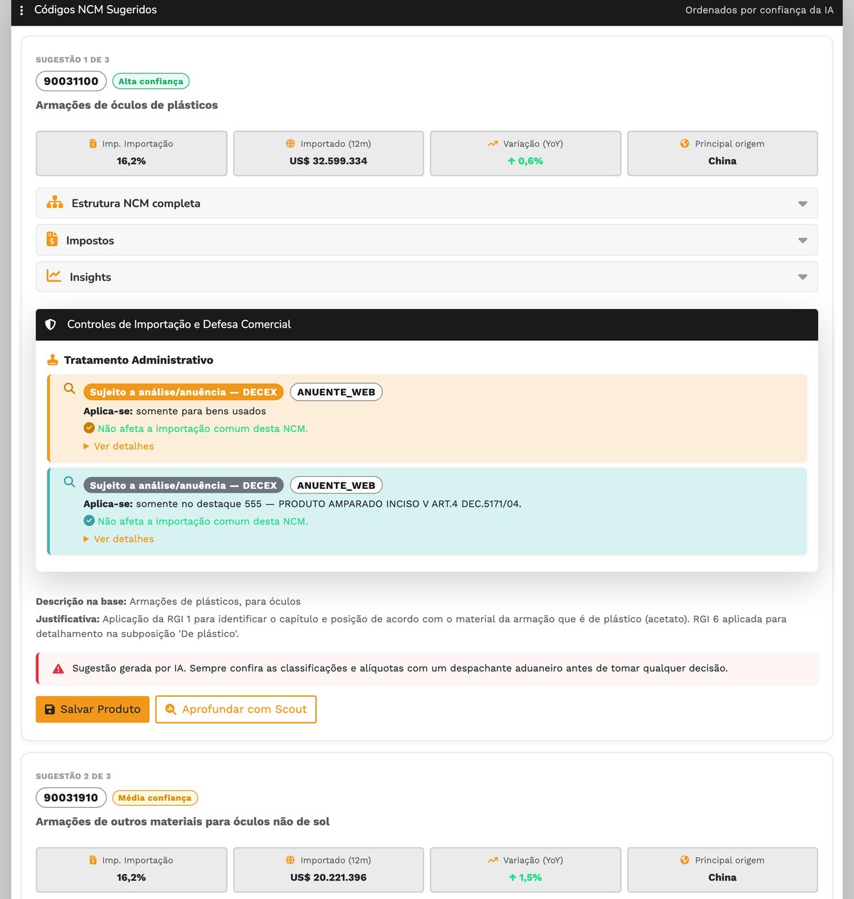 NCM Finder com sugestões de classificação e indicadores de importação por código